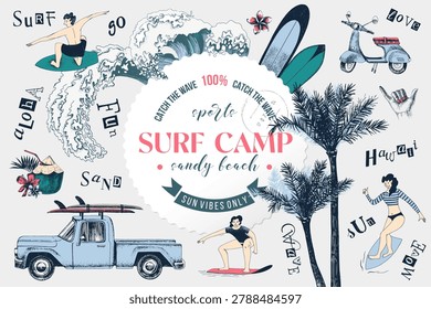 Surf camp hand drawn vector poster. Happy active people sport. Summer beach surfers