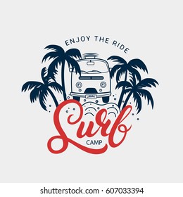 Surf camp hand written lettering with palms, waves, surf bus. Apparel design. Isolated on background. Vector illustration.