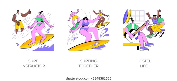 Surf camp isolated cartoon vector illustrations set. Girl in swimsuit learn to surf with an instructor, diverse young friends surfing in the ocean, hostel life, holiday trip vector cartoon.