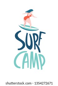 Surf camp lettering. Surfing girls on the surf boards catching waves in the sea ocean. Woman with surfboard on the beach wearing bikini vector illustration cartoon clipart