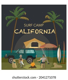 surf camp with people, dog and camper van on beach view