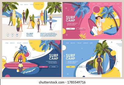 Surf camp or surfing school banners or landing page templates in vibrant colors. Flat cartoon surfers young characters with surfboards, palms and sea wave 