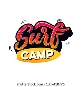 Surf camp text for logotype, wear, sports camp, trip, banner, surf station. Hand lettering in vintage graffitti style.