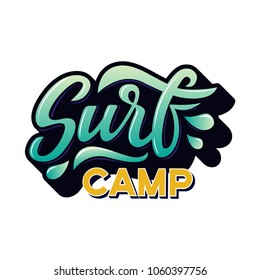 Surf camp text for logotype, wear, sports camp, trip, banner, surf station. Hand lettering in vintage graffitti style.