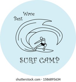 Surf camp typography label for summer activity. Modern line art design with surfboard and ocean waves. Surfing logo and emblems for Surf Club or shop. Vector illustration