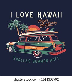 Surf Car Drawing For T-shirt Print. I Love Hawaii.