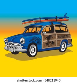 Surf car illustration, typography, t-shirt graphics, vectors