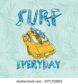 surf car and leaves seamless pattern vector