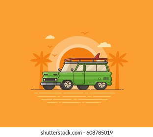 Surf car on palm beach background. Surfing auto travel concept vector illustration in flat style. Green SUV with surfing board on seaside. Summer landscape with automobile on tropical sunset backdrop.