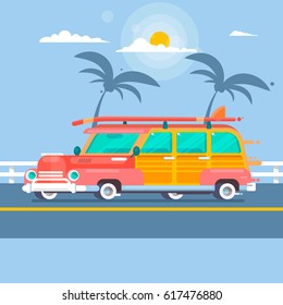  Surf car on summer background with palm trees Vector illustration