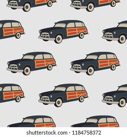 Surf car pattern. Surfing seamless wallpaper. Summer background with old automobile isolated on white background.