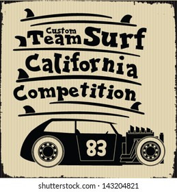 surf car retro vector print.