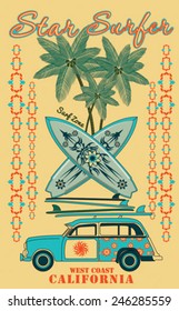 Surf car retro vector print.