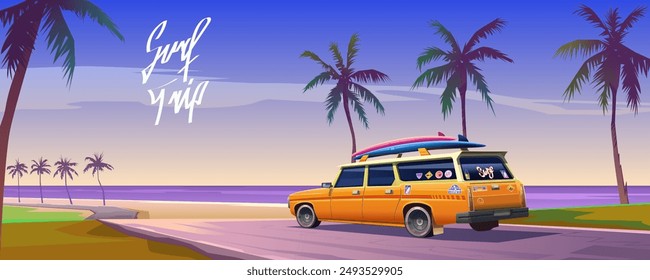 Surf car station wagon in 80s style with surfboards. Stylish orange surfer's car with surfing themed stickers. Asphalt road along the coast, palm trees, beach and ocean. Road trip, vector cartoon.