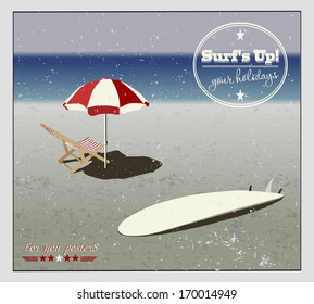 surf, chaise longues and sunshades on the beach in vintage style