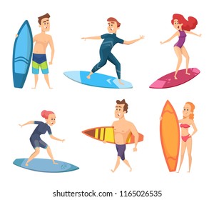 Surf characters. Vector design of summer mascots. Illustration of surfer and surfing, surfboard on sea