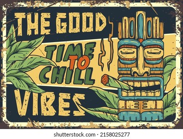 Surf chill beach poster. Tiki mask surfing party. Surfer summer vibes