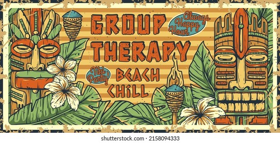 Surf chill beach poster. Tiki mask surfing party. Surfer summer vibes