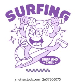 Surf And Chill Cartoon Artwork, Funny Surfer Character In Action, Playful Summer Surfing Design, Sweaty Happy Face On Board