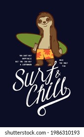 Surf and Chill Sloth animal character funny surfing t-shirt print with lettering typography.