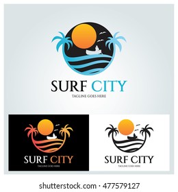 Surf City logo design template ,Surf beach logo design concept ,Vector illustration