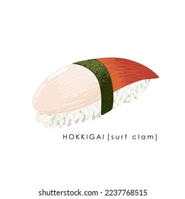 Surf clam sushi nigiri on white backdrop. Hokkigai sushi. Traditional Japanese food. Vector clipart.