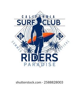 Surf Club California riders paradise surfer with surfboard vector illustration graphic