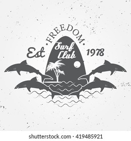 Surf club concept Vector Summer surfing retro badge. Surfer club emblem , outdoors banner, vintage background. Shark surf club icon design.