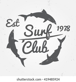 Surf club concept Vector Summer surfing retro badge. Surfer club emblem , outdoors banner, vintage background. Shark surf club icon design.