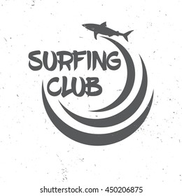 Surf club concept. Vector Summer surfing retro badge. Surfing concept for shirt or logo, print, stamp. Shark and wave. Surf icon design. - stock vector.
