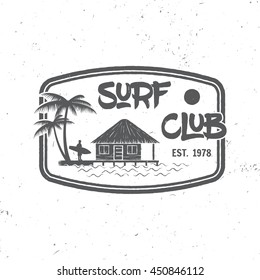 Surf club concept. Vector Summer surfing retro badge. Surfing concept for shirt or logo, print, stamp. Surfers lagoon beach hut. Surf icon design. - stock vector.