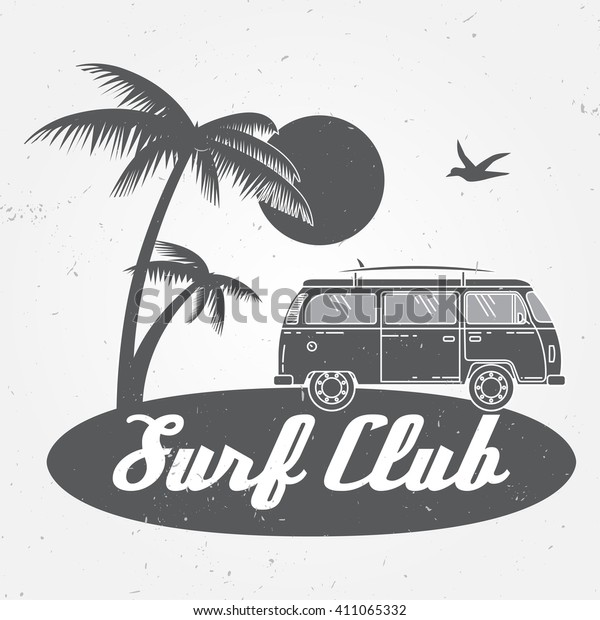 Surf club concept Vector Summer surfing\
retro badge. Surfer club emblem , rv outdoors banner, vintage\
background. Boards, retro car. Surf icon design.\
