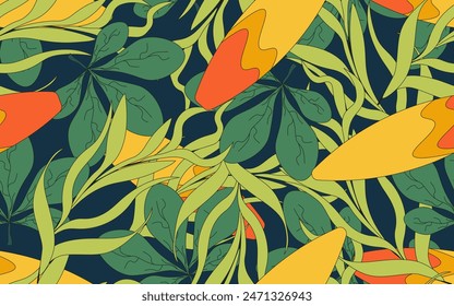 Surf Club design T-Shirt Print with Tropical plant and Surfboard. Vibrant color vector illustration can used Fabric Textile print. Summer endless background.