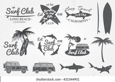 Surf club emblem and design elements. Vector illustration.