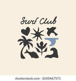Surf Club illustration with a handwritten text and isolated groovy tropical symbols: flower, palm, sun, wave. Design template for summer print, banners, posters, websites. 