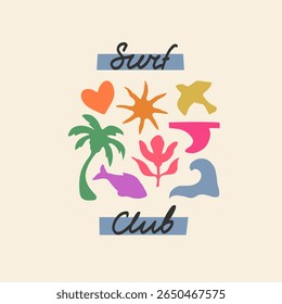 Surf Club illustration with a handwritten text. Isolated groovy colorful tropical symbols: flower, palm, sun, wave. Design template for summer print, banners, posters, websites. 