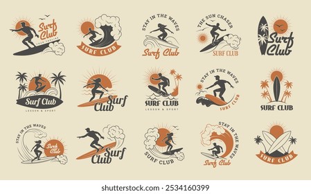 Clube de surf. Logotipo empacota coleção com lugar para texto etiquetas retro definir emblemas de surfistas vetoriais recentes