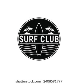 Idea de diseño del logo del club Surf con icono de surfboard vintage, círculo de etiqueta retro