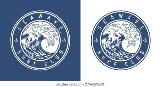 A surf club logo features a wave in motion surrounded by a circle. The design includes the text Seawave Surf Club and basic nautical elements. The colors are simple and create strong contrast.