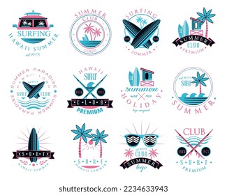 Surf Club Logo and Summer Holiday Beach Label with Surfboard and Palm Vector Set