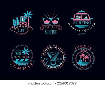 Surf Club Logo and Summer Holiday Beach Label with Surfboard and Palm Vector Set