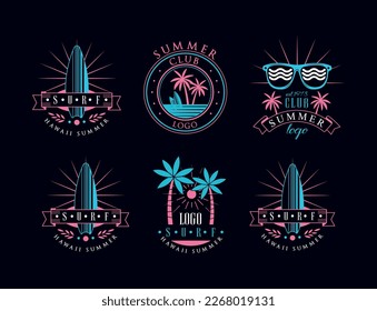 Surf Club Logo and Summer Holiday Beach Label with Surfboard and Palm Vector Set