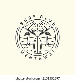 surf club mentawai beach with emblem and line art style logo icon template design. palm tree, sun, grass,california, paradise, vector illustration