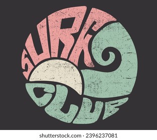 Club de surf arte moderno. Diseño gráfico de surf para camisetas. Diseño gráfico de boceto de la mano de la playa para la impresión de camisetas, afiche, pegatina, fondo y otros usos. Vacaciones de verano. Sunshine.