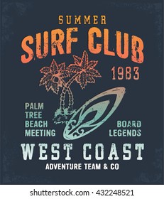 Surf Club multicolored print for t-shirt or apparel. Retro artwork with summer and beach elements and typography. Old school vector for fashion and printing. Vintage effects are easily removable. 