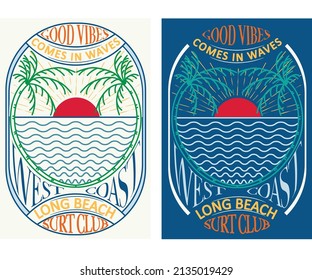 Surf club with palm tree and wave vector t-shirt design. summer vibes artwork design.	
