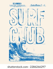 surf club the perfect wave, California, Surfing club graphic print design for t shirt, sticker, poster and others. Surf board with wave vector artwork design.