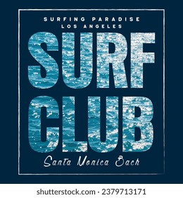 club de surf la ola perfecta, California, Surfing Club diseño gráfico para camisetas, pegatinas, afiches y otros. Surf board con diseño de arte vectorial ondulado.