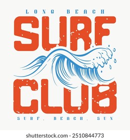 surf club die perfekte welle, kalifornien, surfing club grafik print design für t-shirt, sticker, poster und andere. Surfbrett mit Wellenvektorgrafik-Design. Surfposter, Vektorgrafik