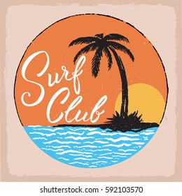 Surf Club print design. Sunshine ocean beach with palm tree. For tee shirt and apparel print.